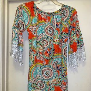 WinWin Women's Size S-M Multicolor Colorful Boho Half Sleeve Lace Tunic Top